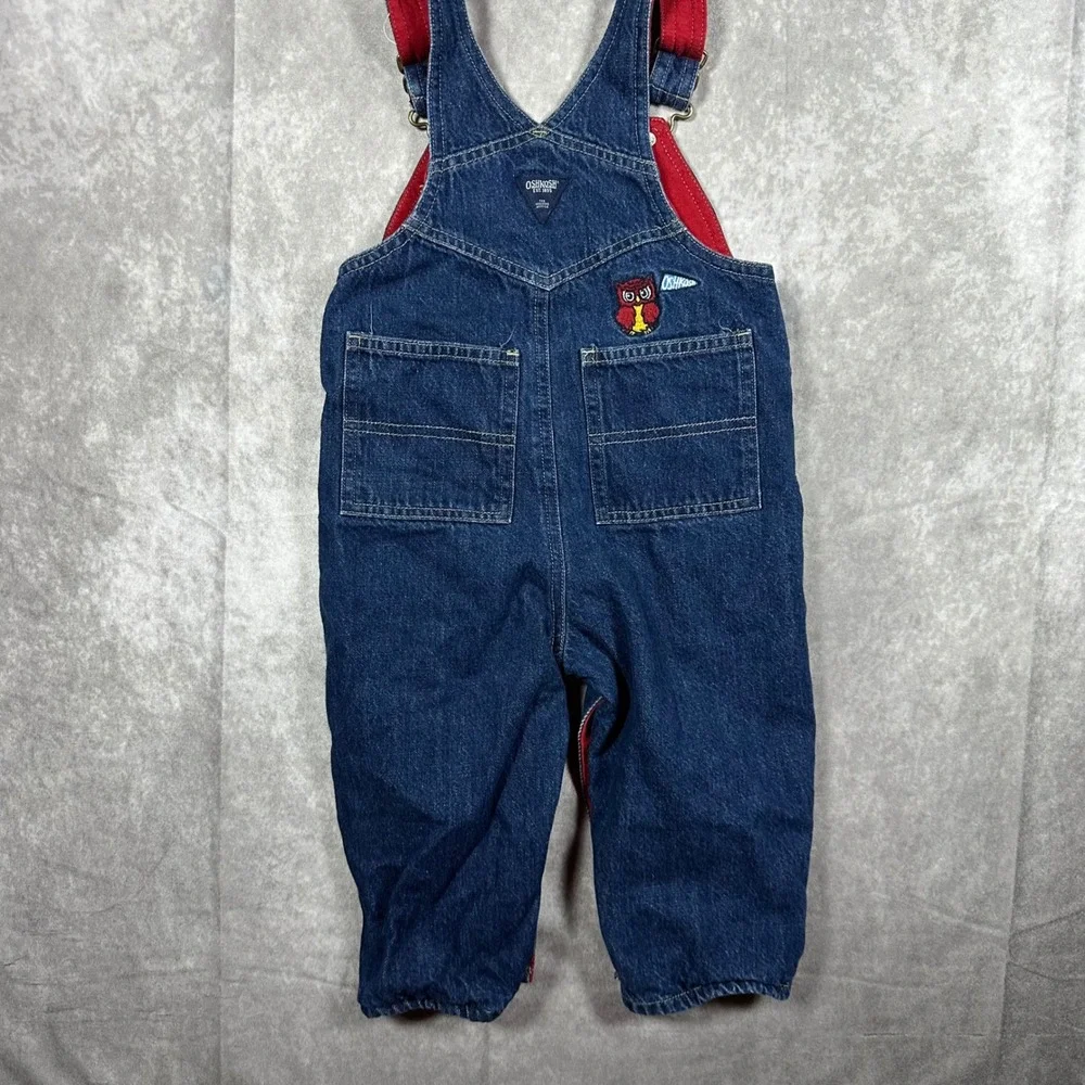 Vintage OshKosh Bgosh Kids 18M Blue Denim Red Lined Football Owl Overalls 90s